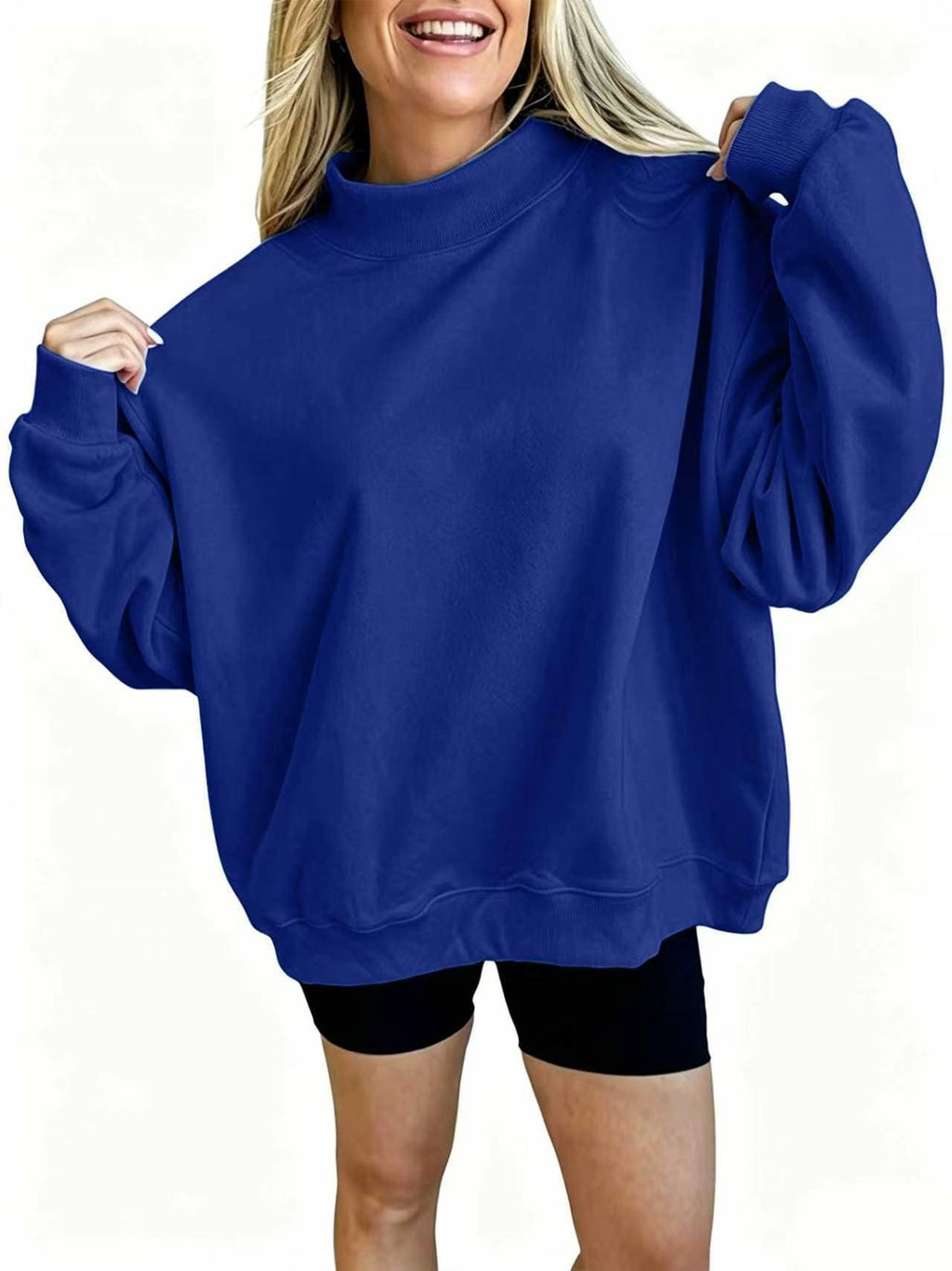 Oversized Balloon Sleeve Mock Neck Sweatshirt - Blue
