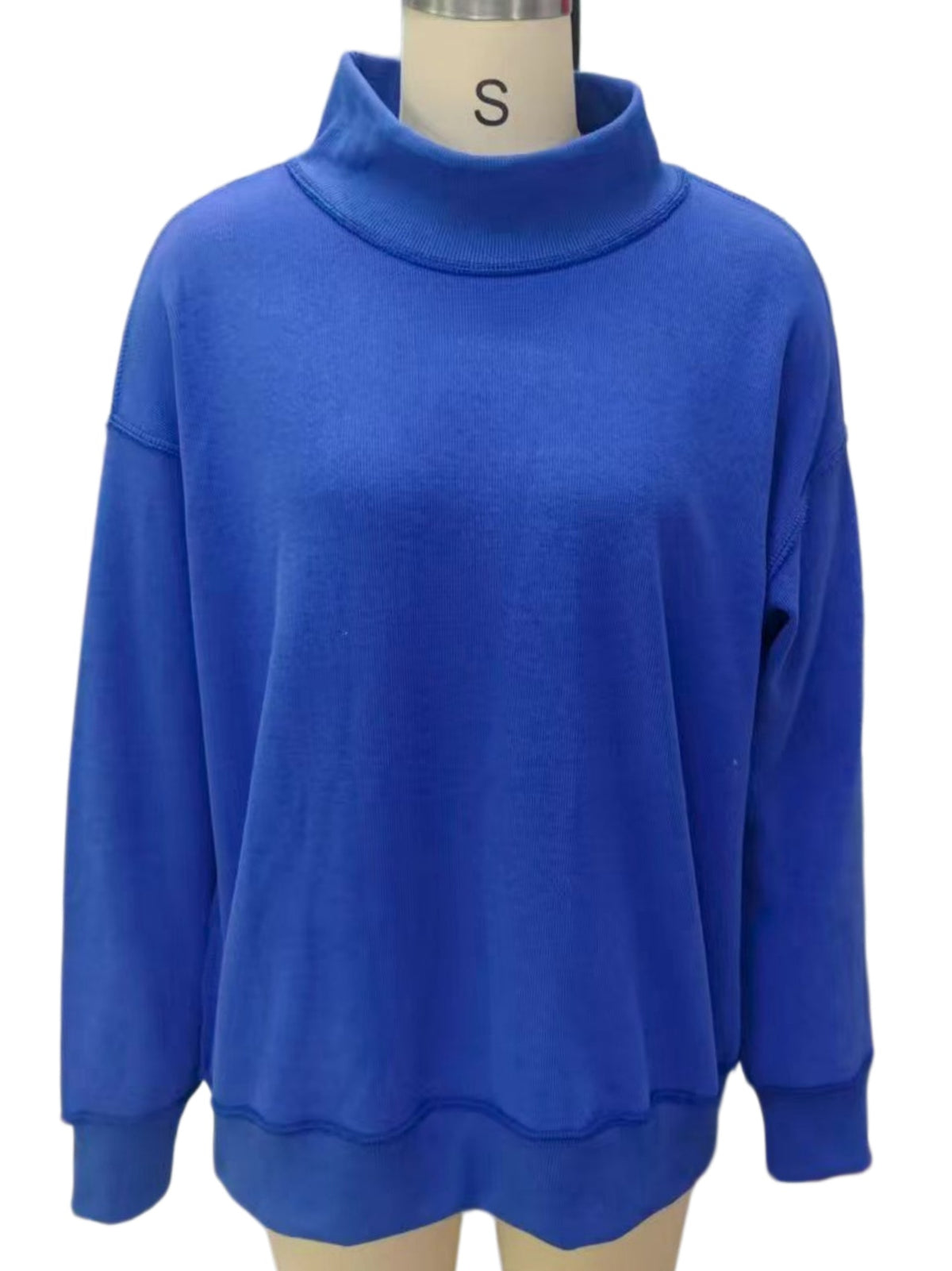 Oversized Balloon Sleeve Mock Neck Sweatshirt - Blue - 1