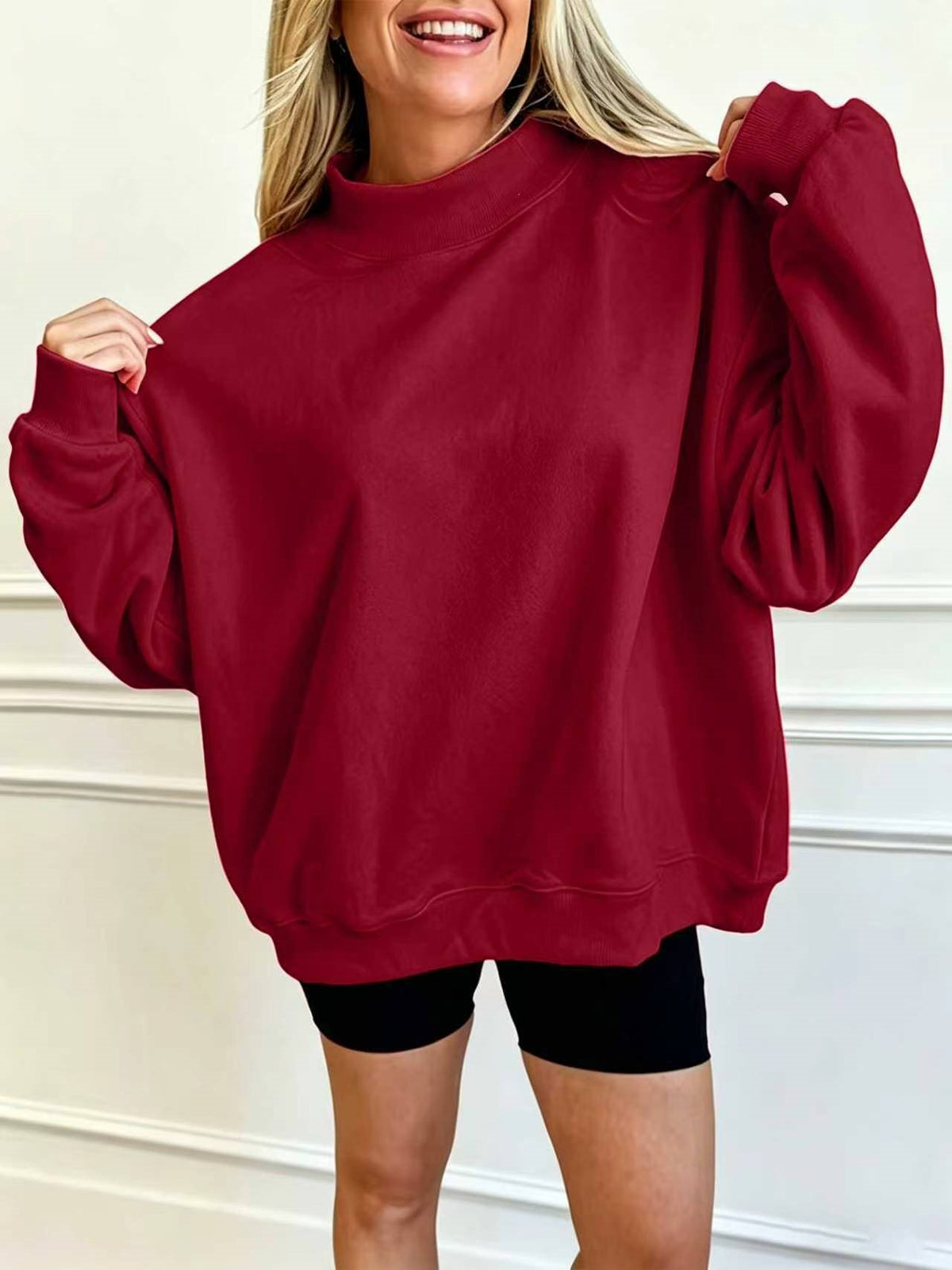 Oversized Balloon Sleeve Mock Neck Sweatshirt - Burgundy
