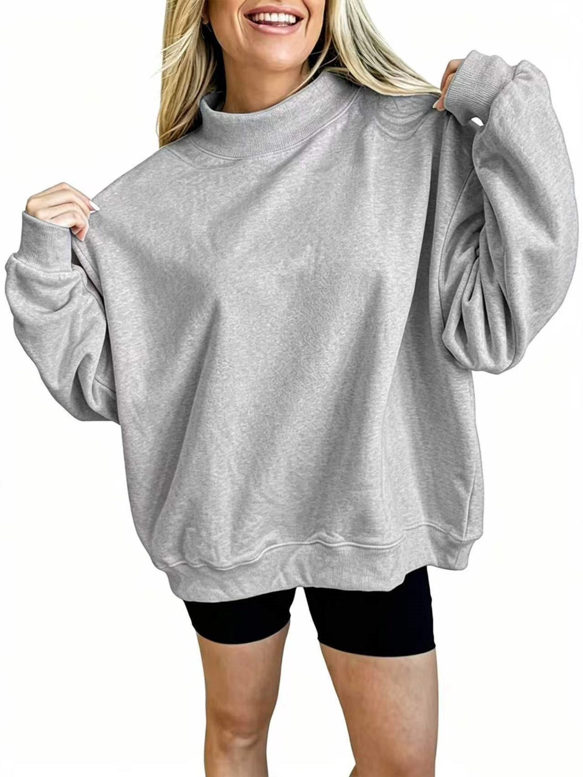 Oversized Balloon Sleeve Mock Neck Sweatshirt - Grey