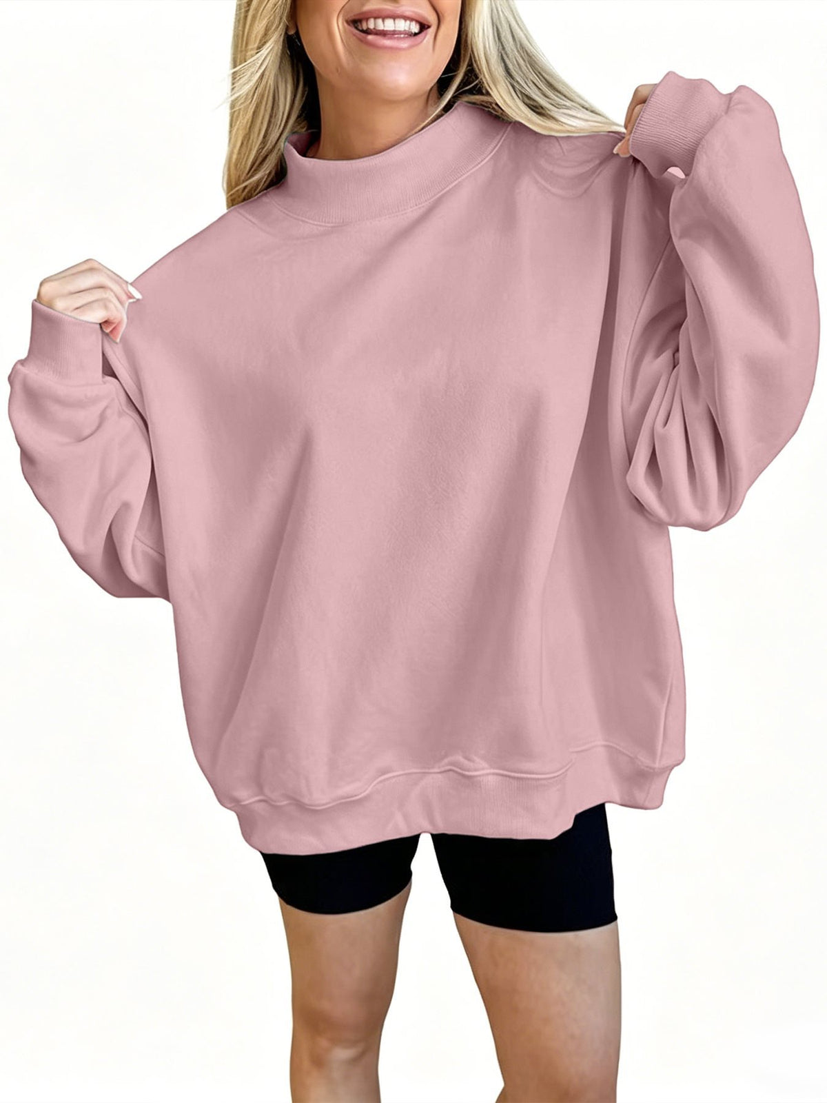 Oversized Balloon Sleeve Mock Neck Sweatshirt - Pink