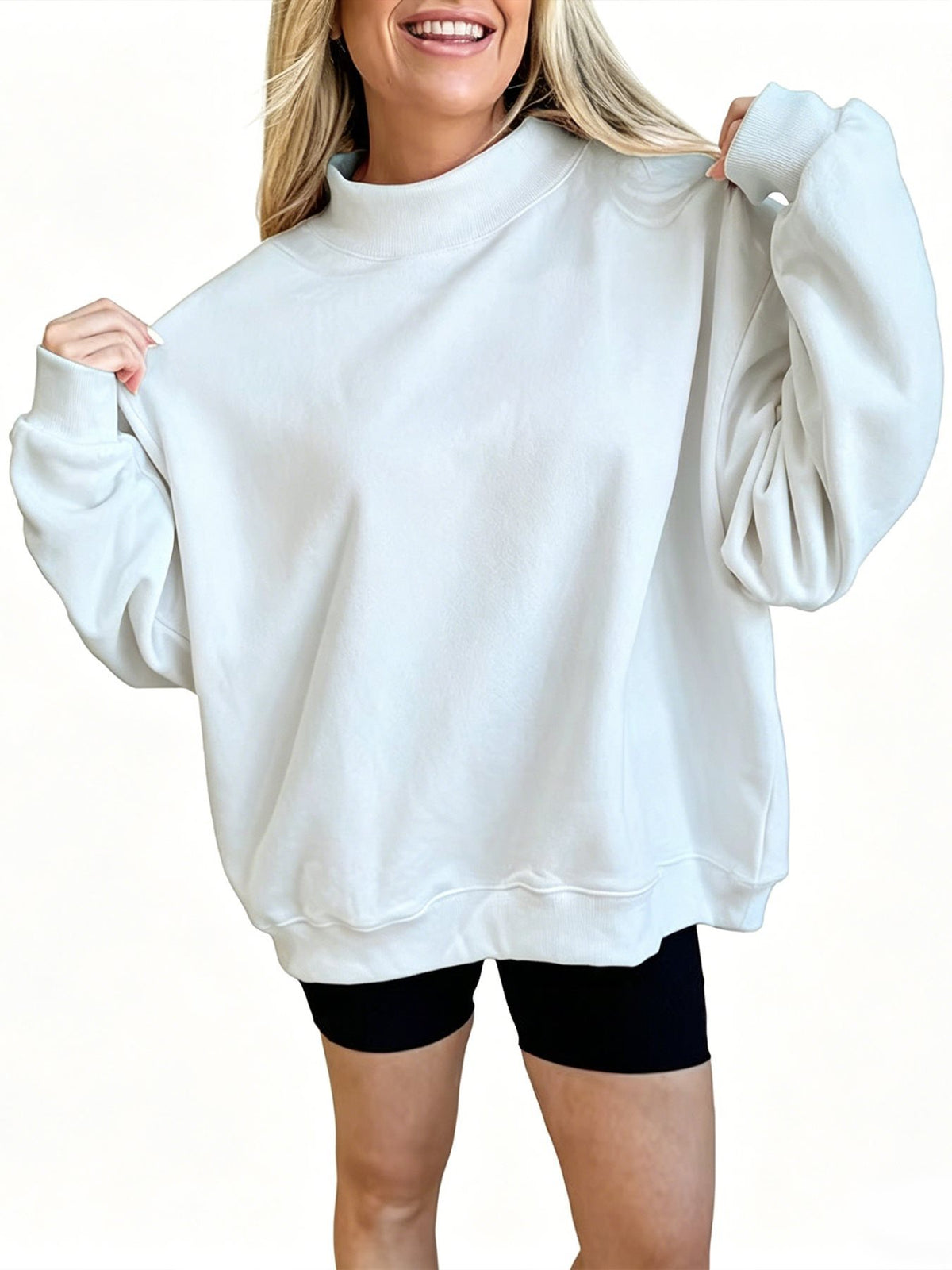 Oversized Balloon Sleeve Mock Neck Sweatshirt - White