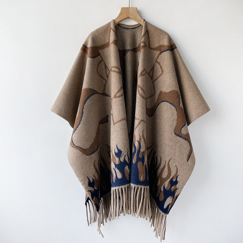 Abstract Flame Pattern Fringe Wrap Scarf Shawl - Coffee