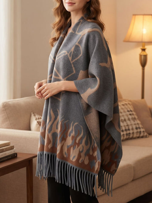 Abstract Flame Pattern Fringe Wrap Scarf Shawl - Dark_Grey
