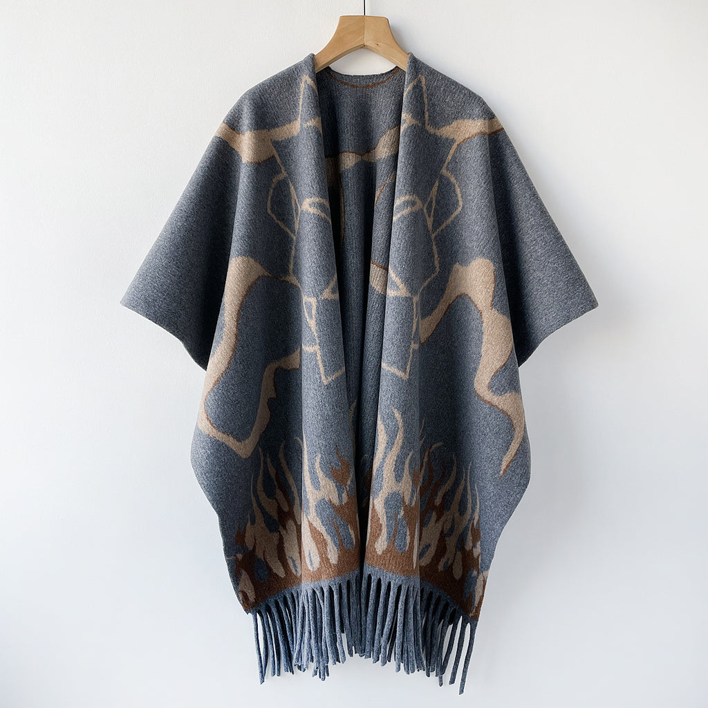 Abstract Flame Pattern Fringe Wrap Scarf Shawl - Dark_Grey - 1
