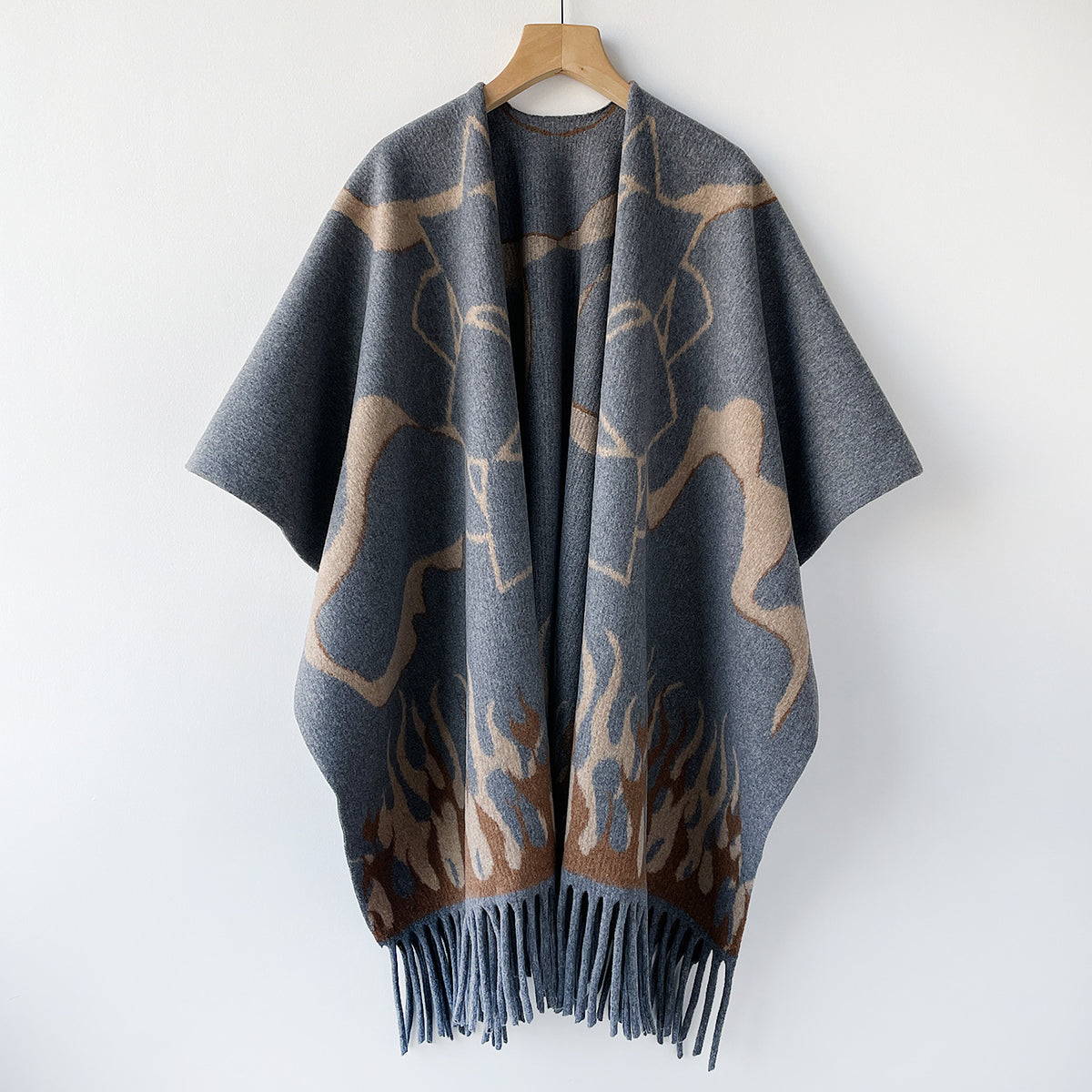 Abstract Flame Pattern Fringe Wrap Scarf Shawl - Dark_Grey - 1