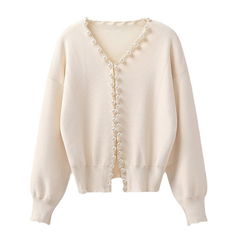 Pearl Trim Cropped Knit Jacket - white