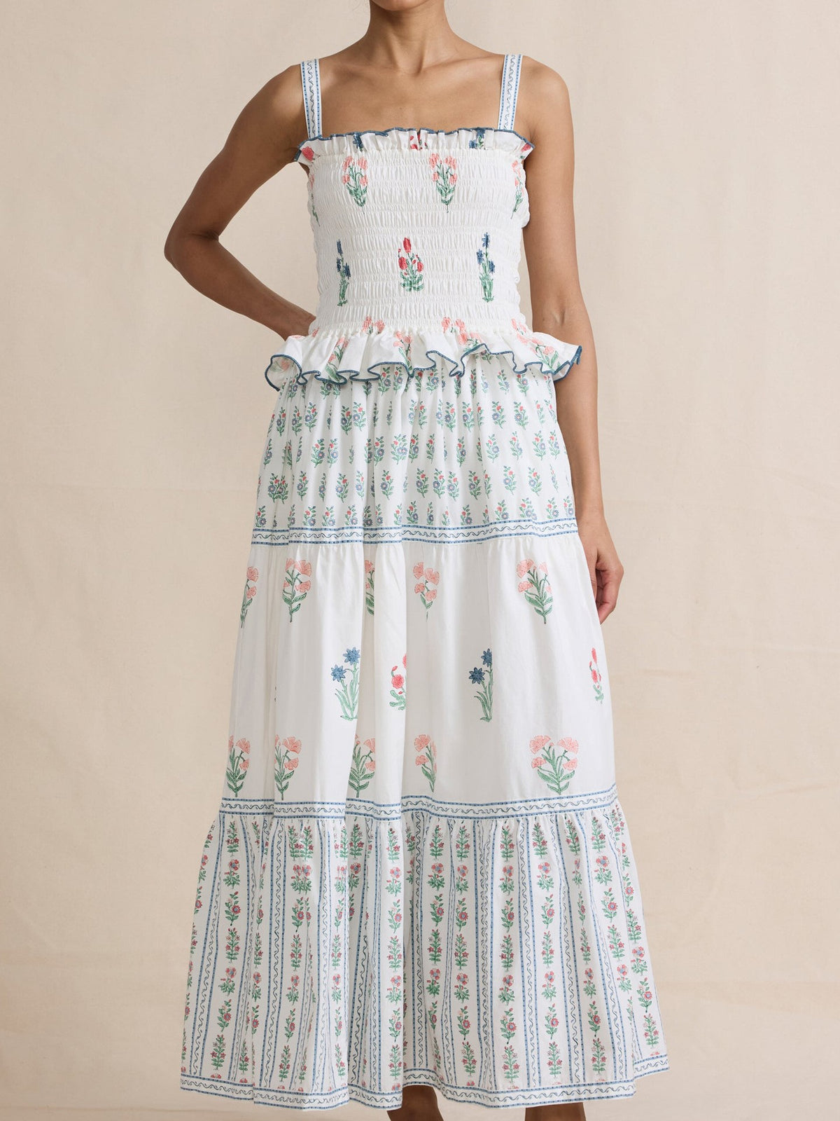 Shirred Bodice Block Print Tiered Maxi Dress - White