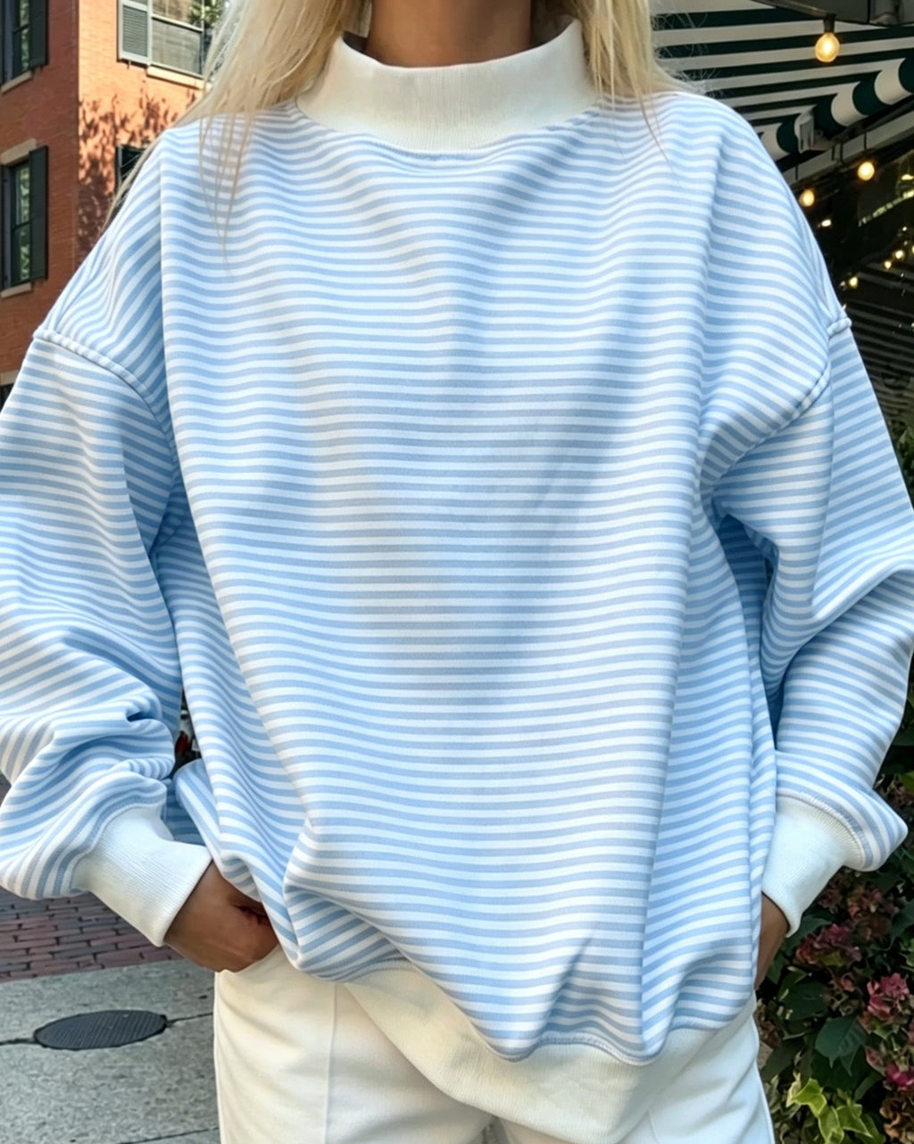Oversized Pinstripe Mock Neck Sweatshirt - Blue