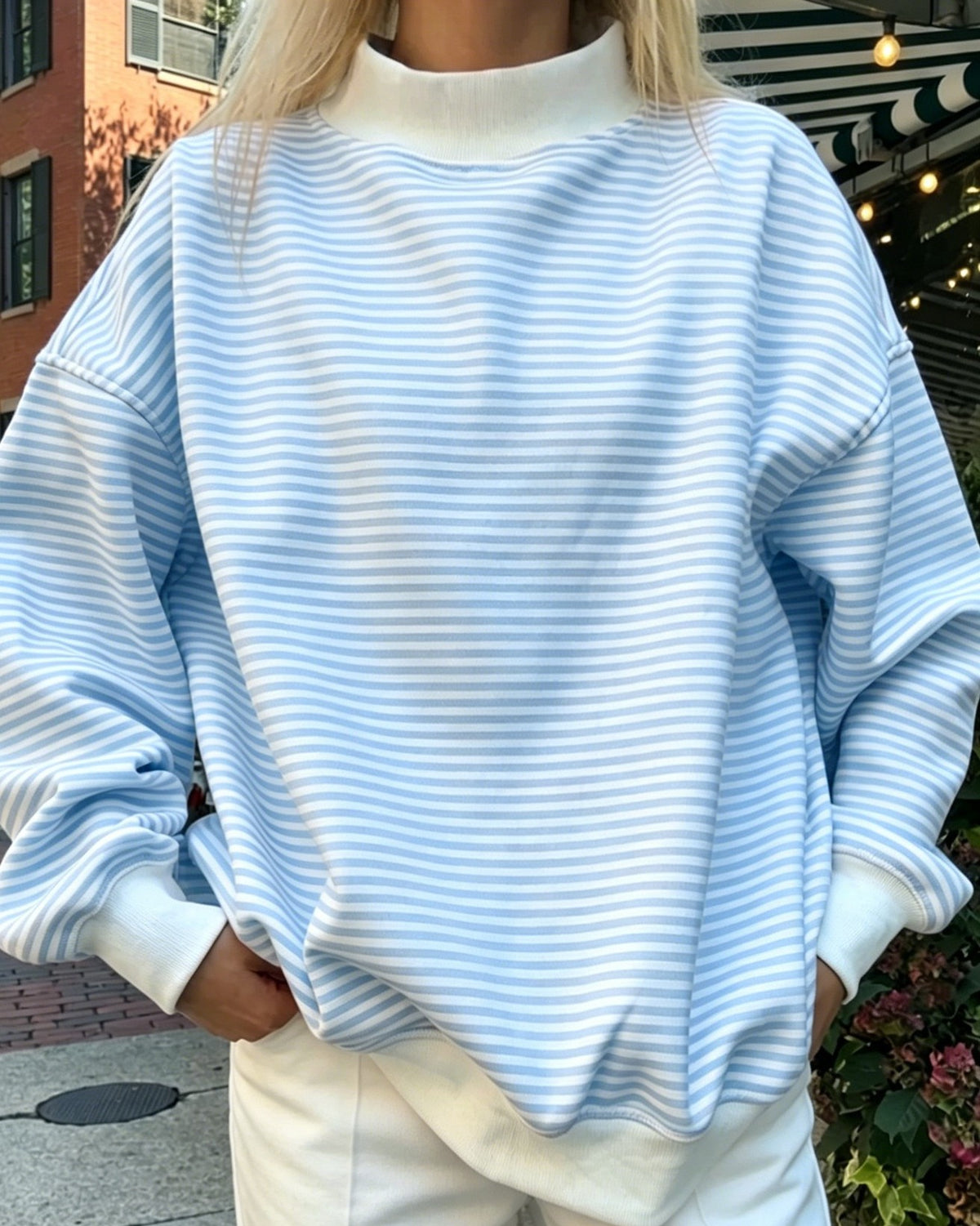 Oversized Pinstripe Mock Neck Sweatshirt - Blue
