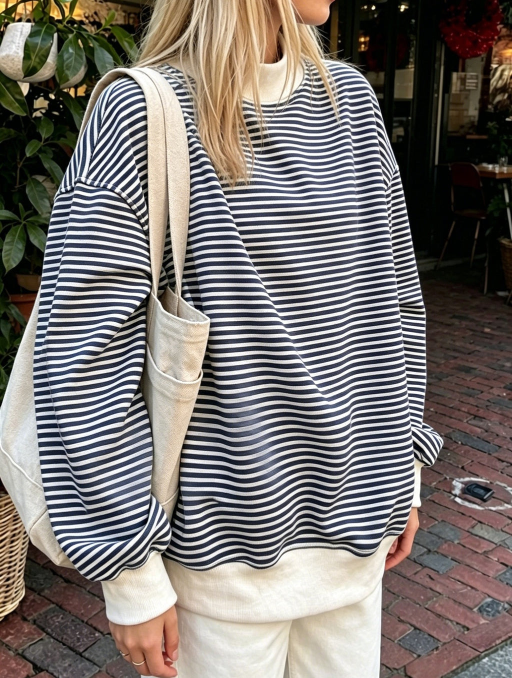Oversized Pinstripe Mock Neck Sweatshirt - Navyblue