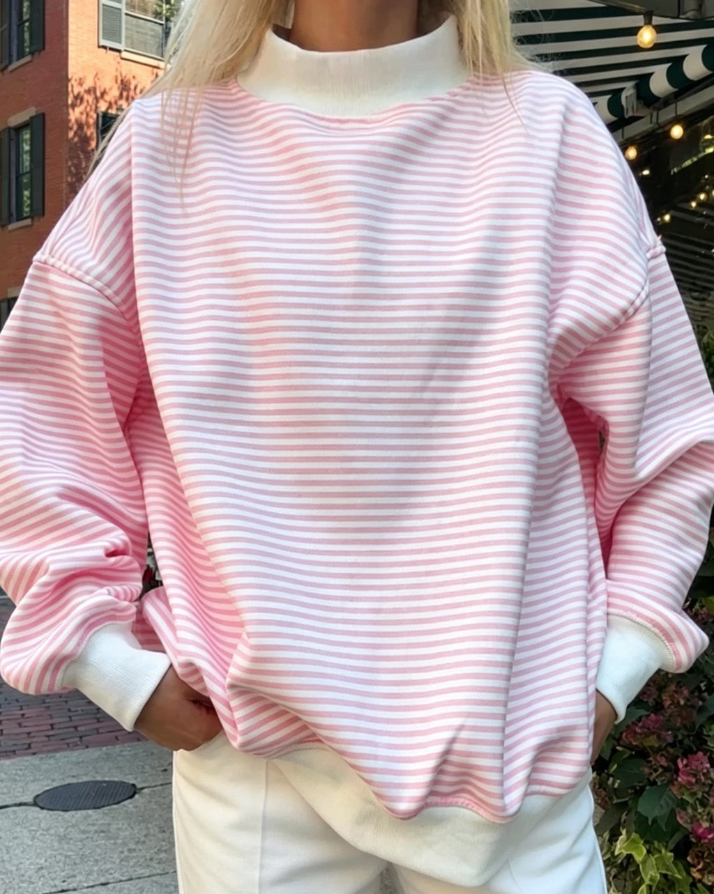 Oversized Pinstripe Mock Neck Sweatshirt - Pink