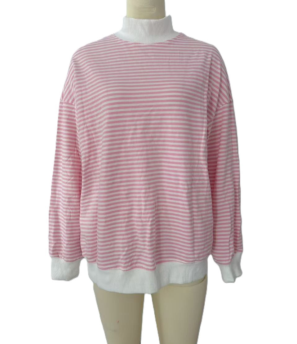 Oversized Pinstripe Mock Neck Sweatshirt - Pink - 1