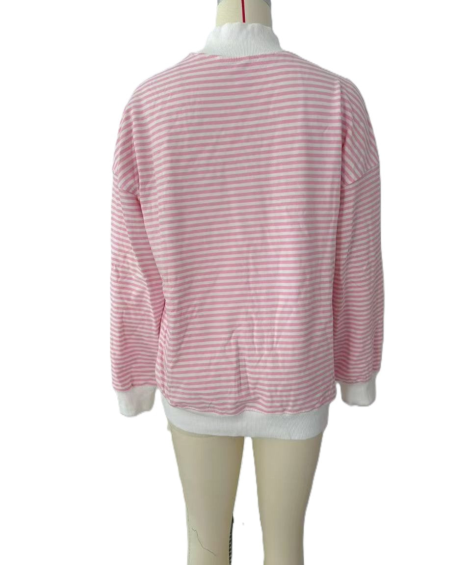 Oversized Pinstripe Mock Neck Sweatshirt - Pink - 2