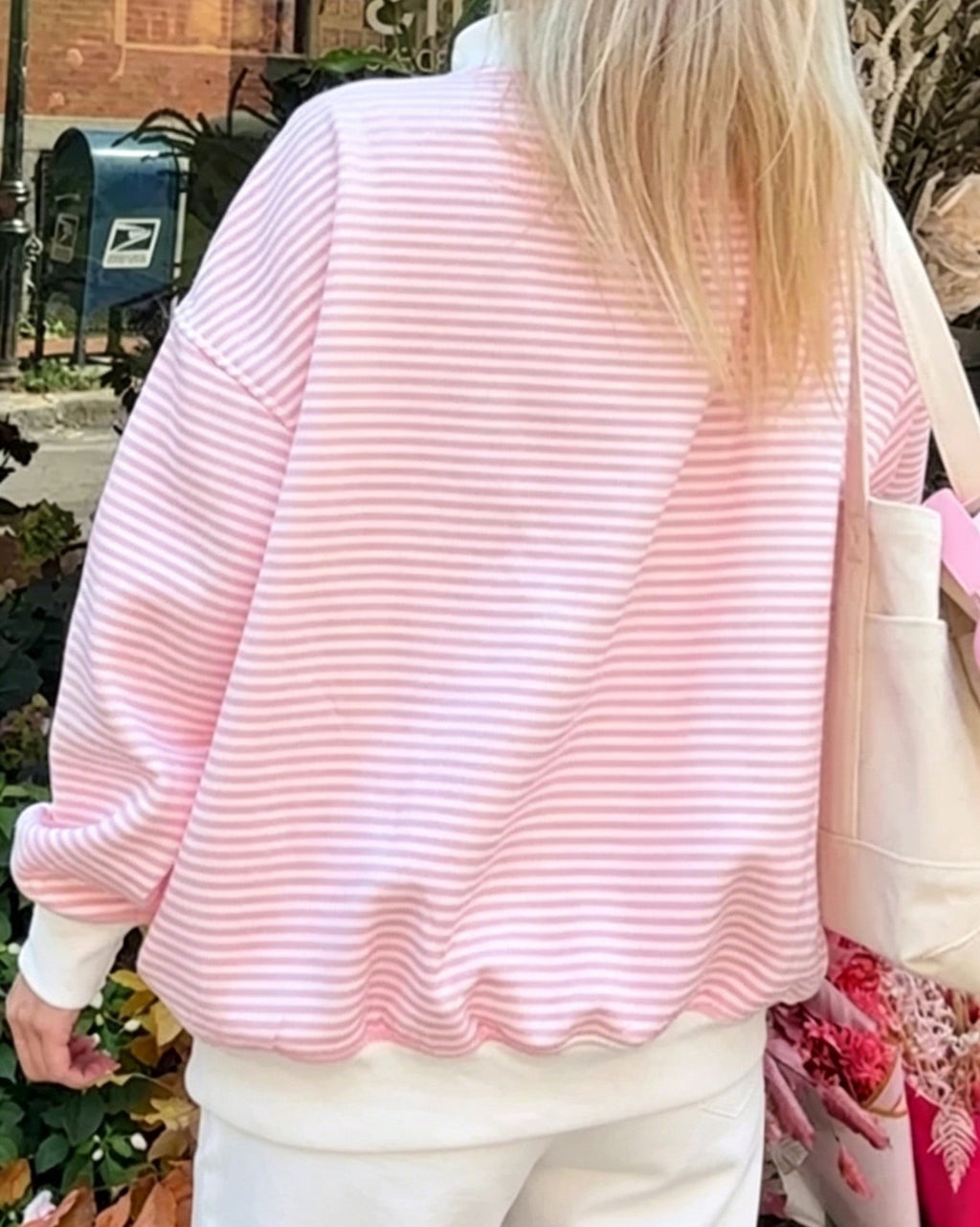 Oversized Pinstripe Mock Neck Sweatshirt - Pink - 3