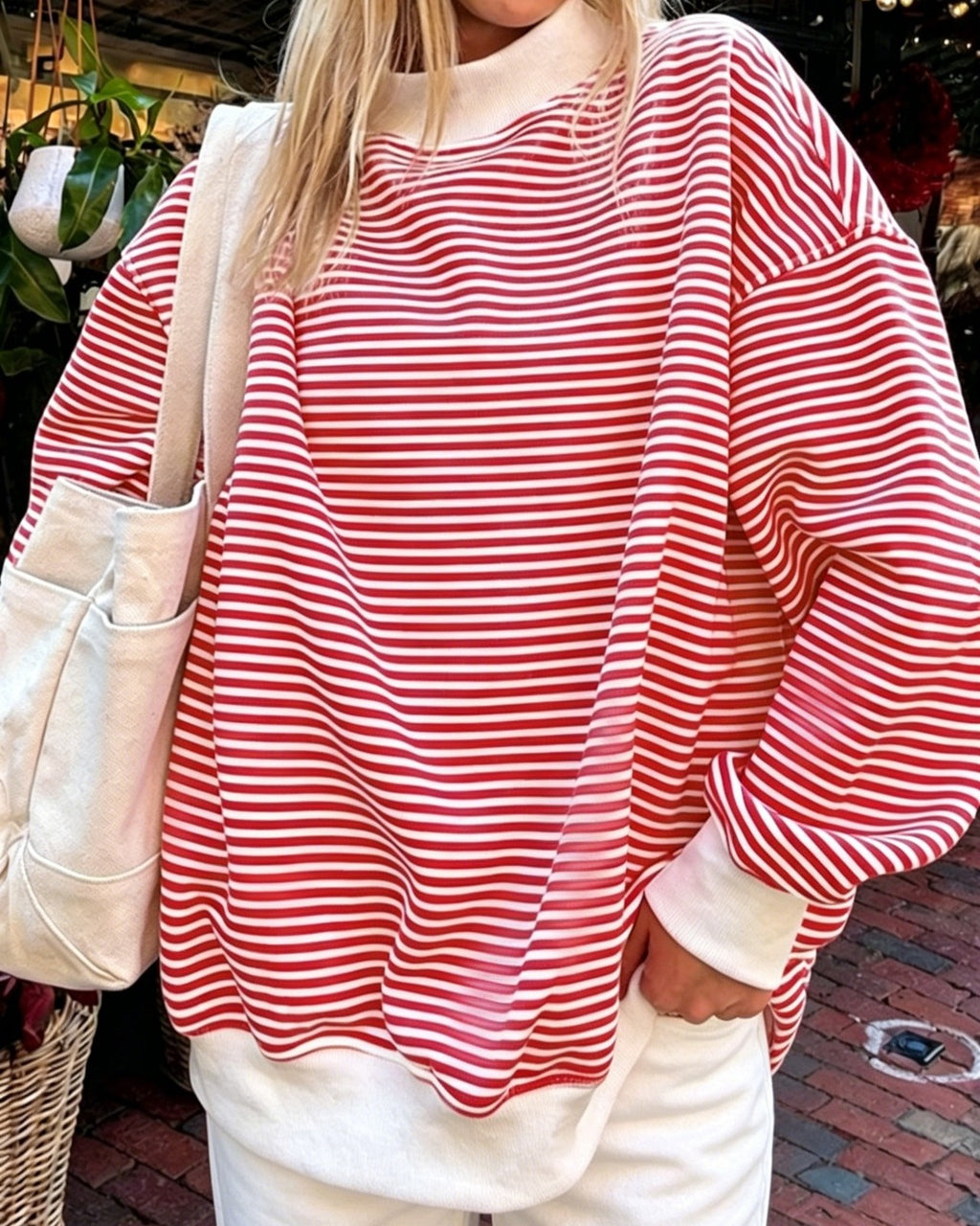 Oversized Pinstripe Mock Neck Sweatshirt - Red