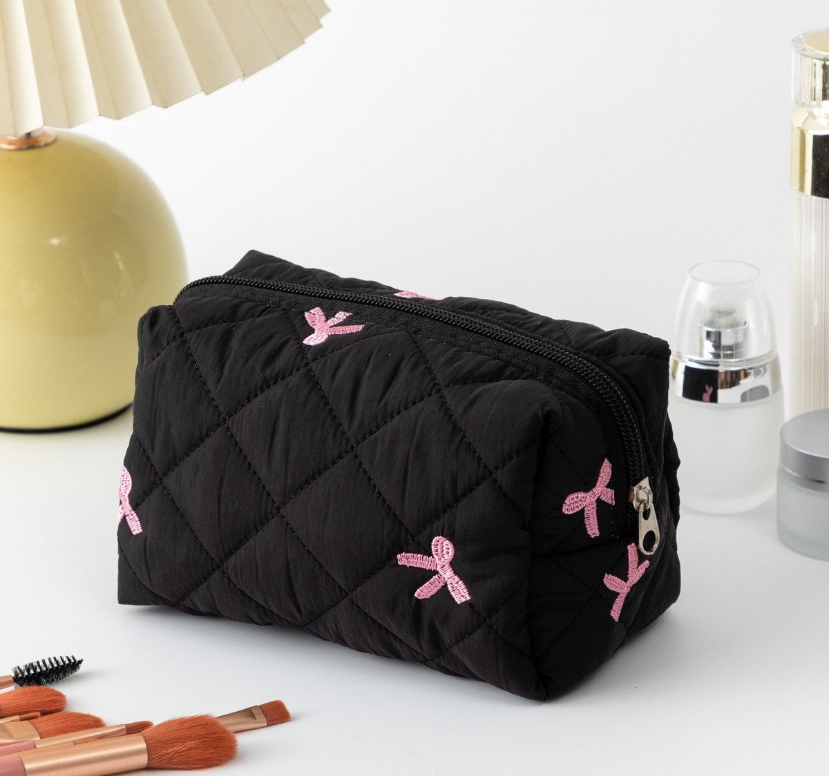 Quilted Boxy Makeup Bag With Zip Closure - NO17