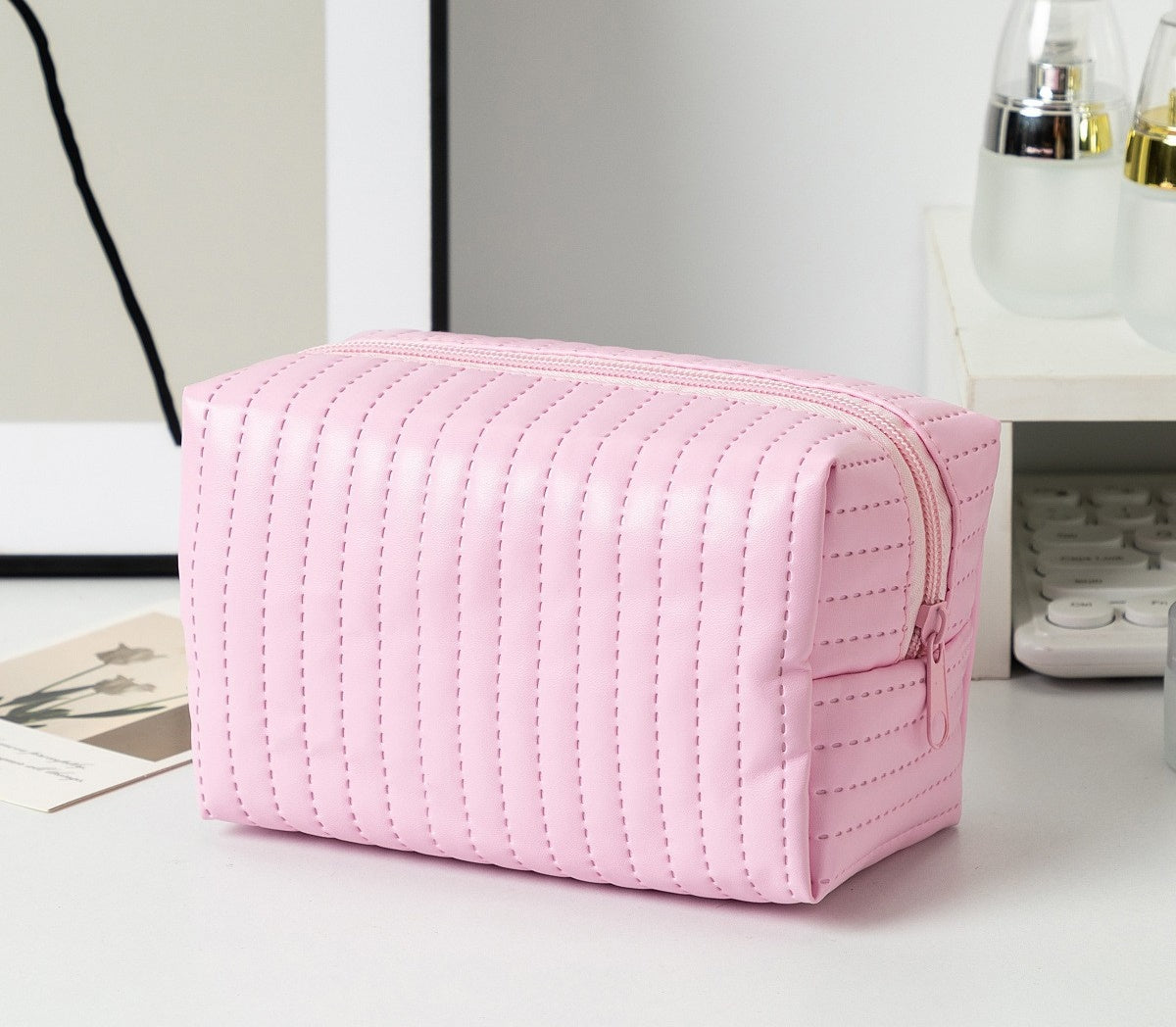 Quilted Boxy Makeup Bag With Zip Closure - NO61