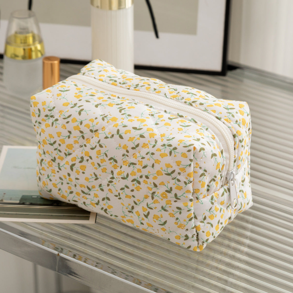 Quilted Boxy Makeup Bag With Zip Closure - NO75
