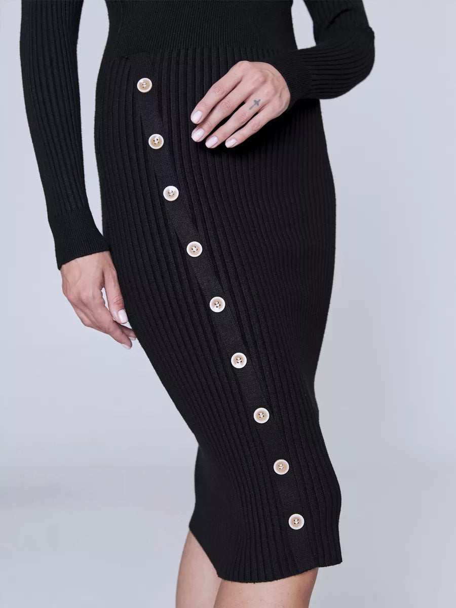 Ribbed Knit Collared Button Midi Dress - Black - 1