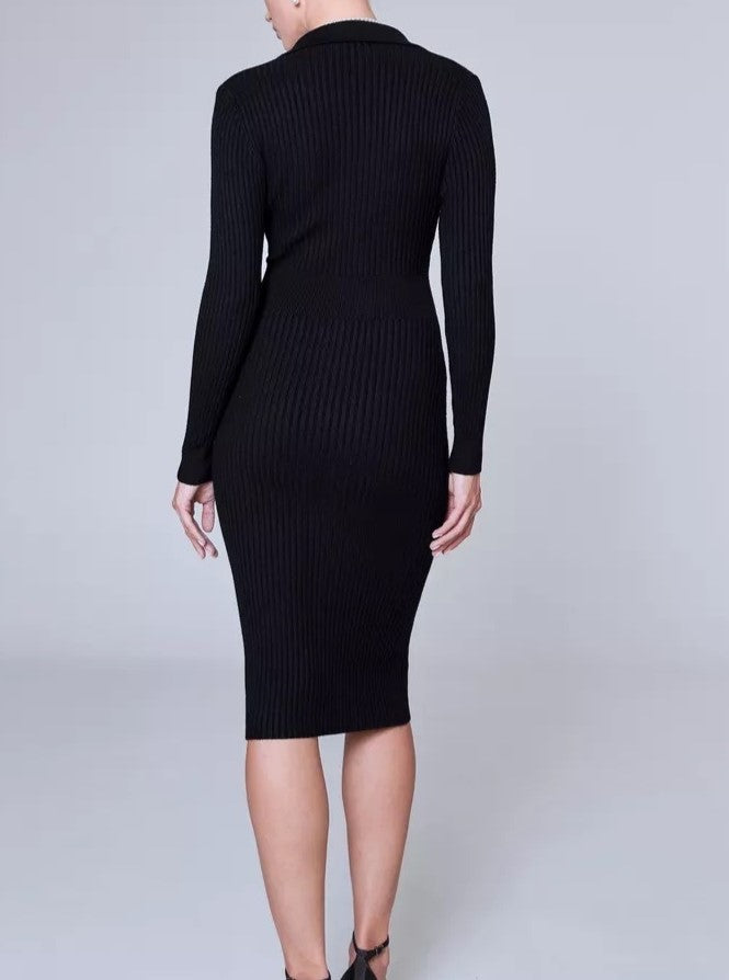 Ribbed Knit Collared Button Midi Dress - Black - 2