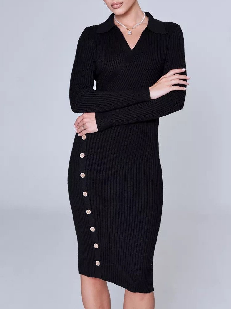 Ribbed Knit Collared Button Midi Dress - Black - 3
