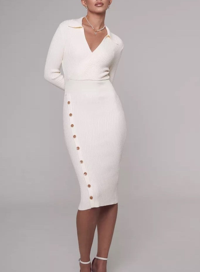 Ribbed Knit Collared Button Midi Dress - White