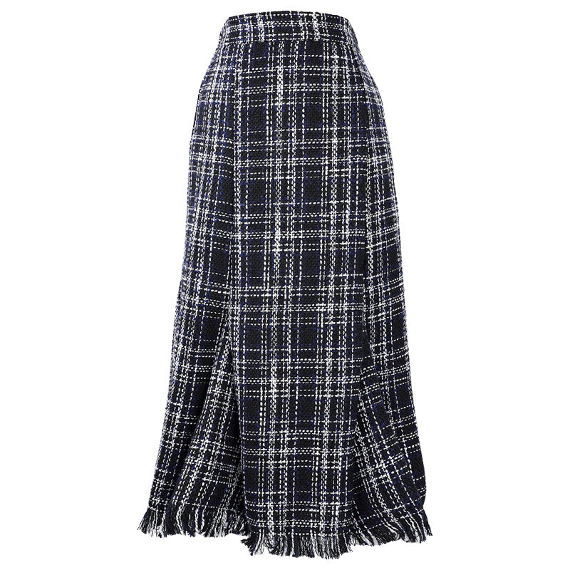 Frayed Hem Plaid Tweed Maxi Skirt - Blue