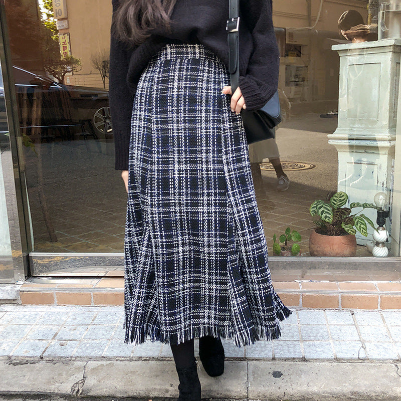 Frayed Hem Plaid Tweed Maxi Skirt - Blue - 1