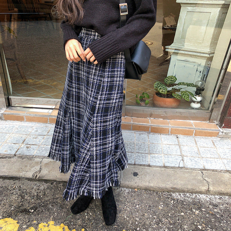 Frayed Hem Plaid Tweed Maxi Skirt - Blue - 2