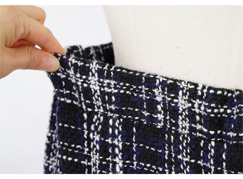 Frayed Hem Plaid Tweed Maxi Skirt - Blue - 3