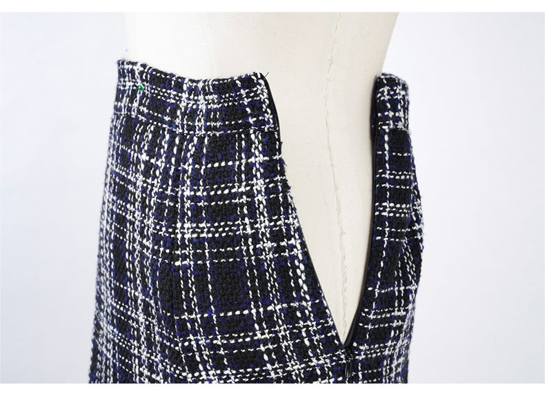 Frayed Hem Plaid Tweed Maxi Skirt - Blue - 4
