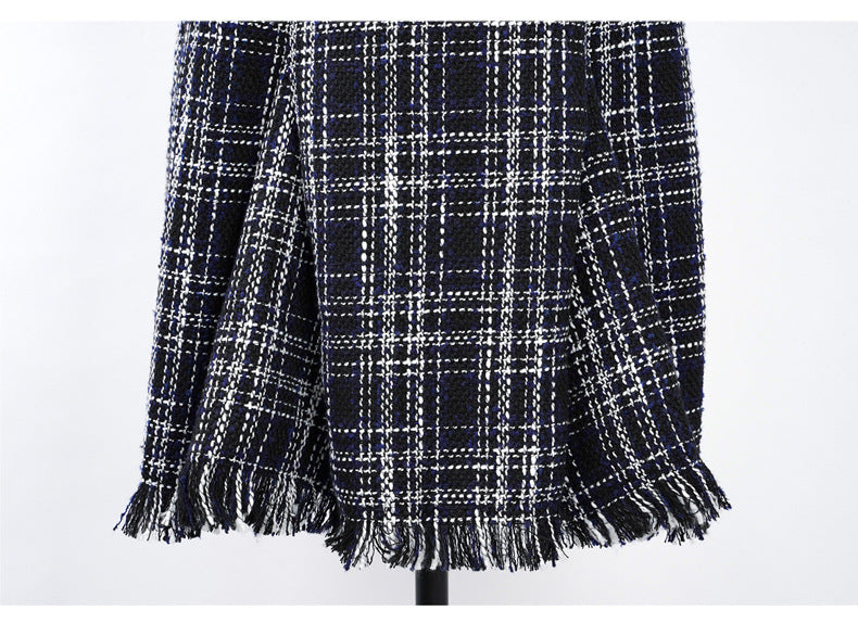 Frayed Hem Plaid Tweed Maxi Skirt - Blue - 5