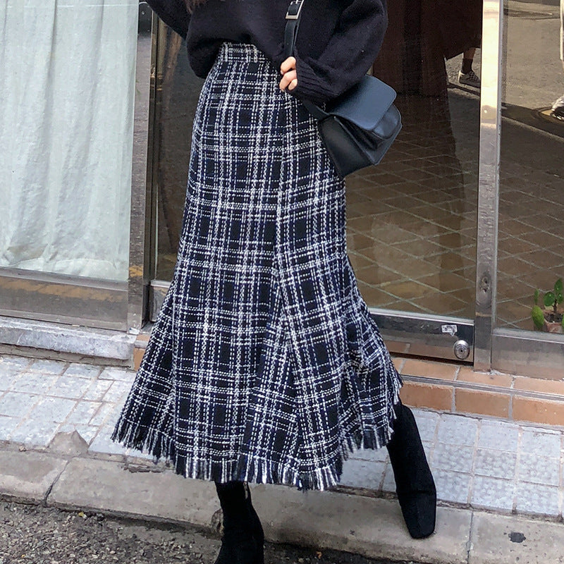 Frayed Hem Plaid Tweed Maxi Skirt - view 1