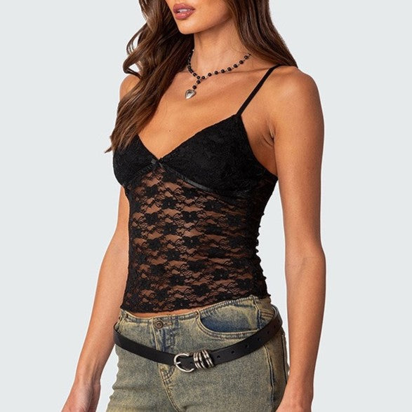 Sheer Floral Lace Cami Crop Top - Black