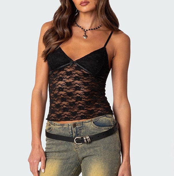 Sheer Floral Lace Cami Crop Top - Black - 1