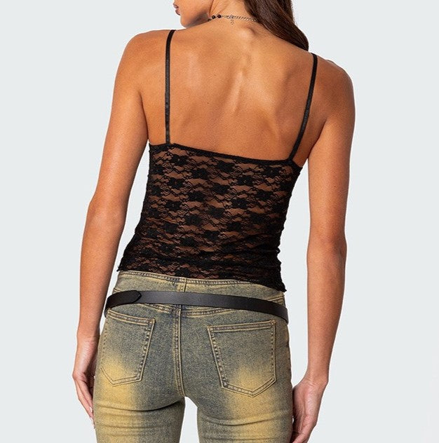 Sheer Floral Lace Cami Crop Top - Black - 2