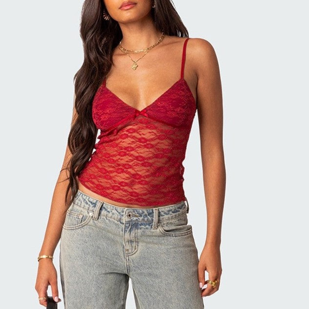 Sheer Floral Lace Cami Crop Top - Red