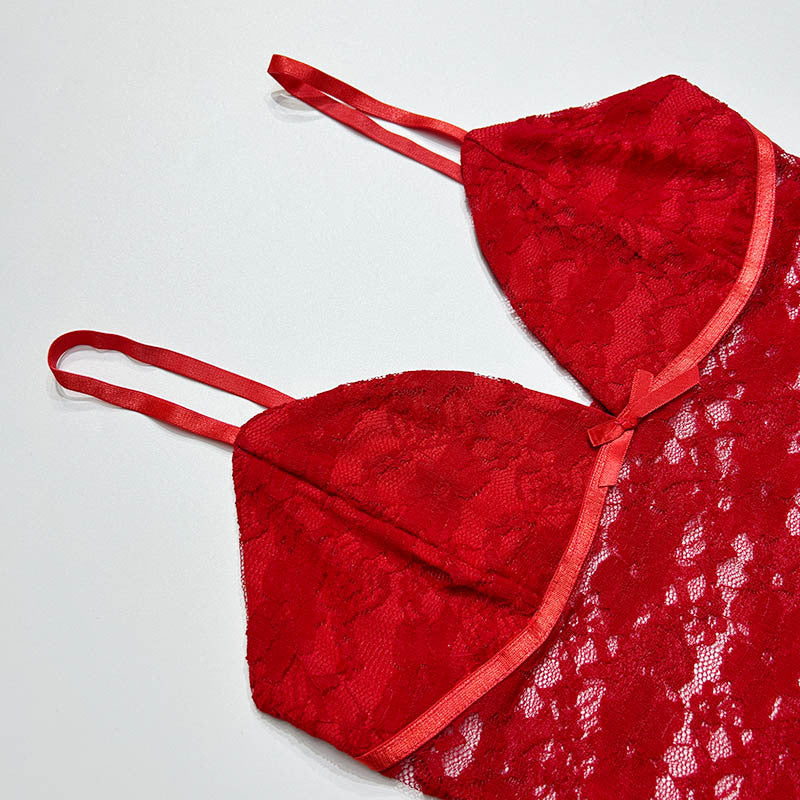 Sheer Floral Lace Cami Crop Top - Red - 1