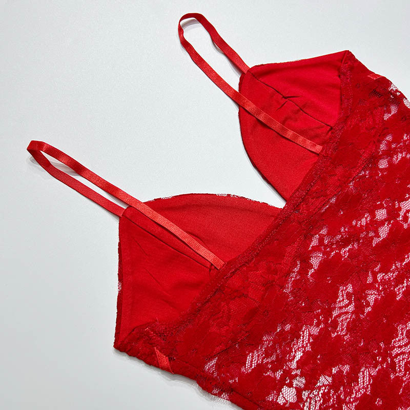 Sheer Floral Lace Cami Crop Top - Red - 2