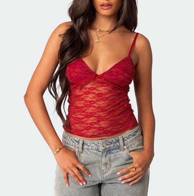 Sheer Floral Lace Cami Crop Top - Red - 4