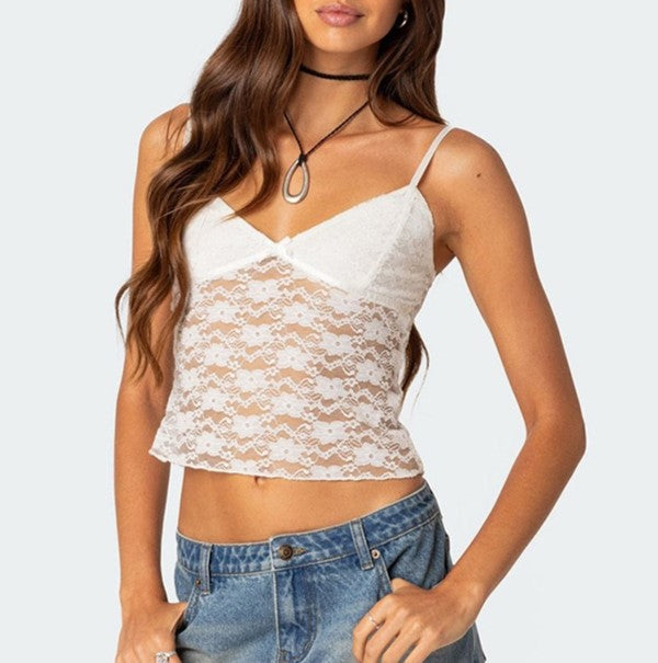 Sheer Floral Lace Cami Crop Top - White - 2