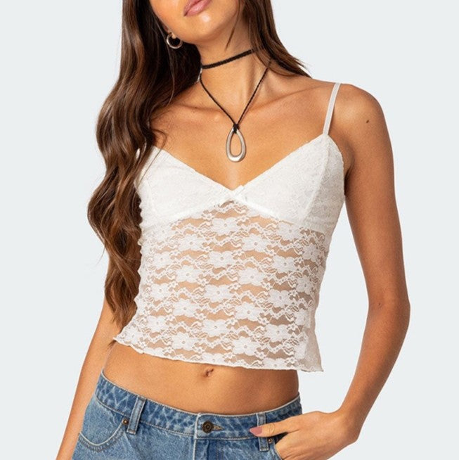 Sheer Floral Lace Cami Crop Top - White - 3