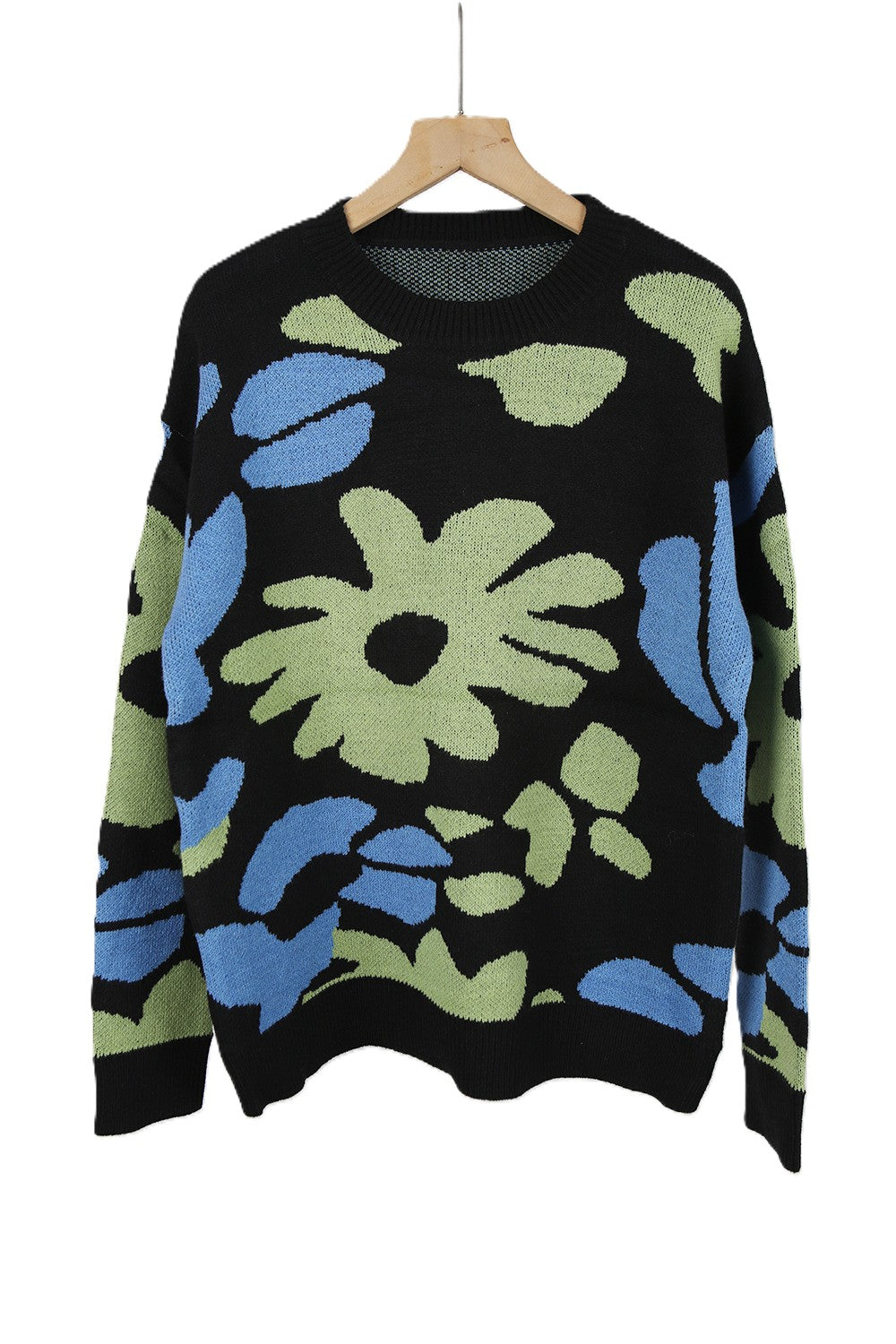 Abstract Flower Knit Sweater Crew Neck Pullover - Black - 1