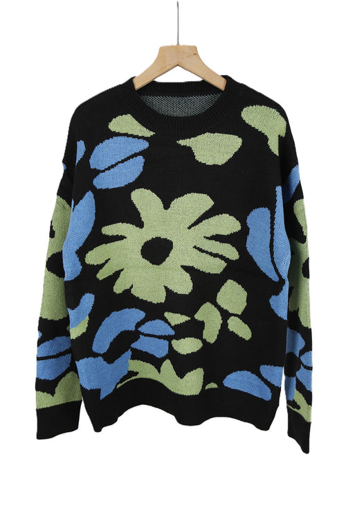 Abstract Flower Knit Sweater Crew Neck Pullover - Black - 1