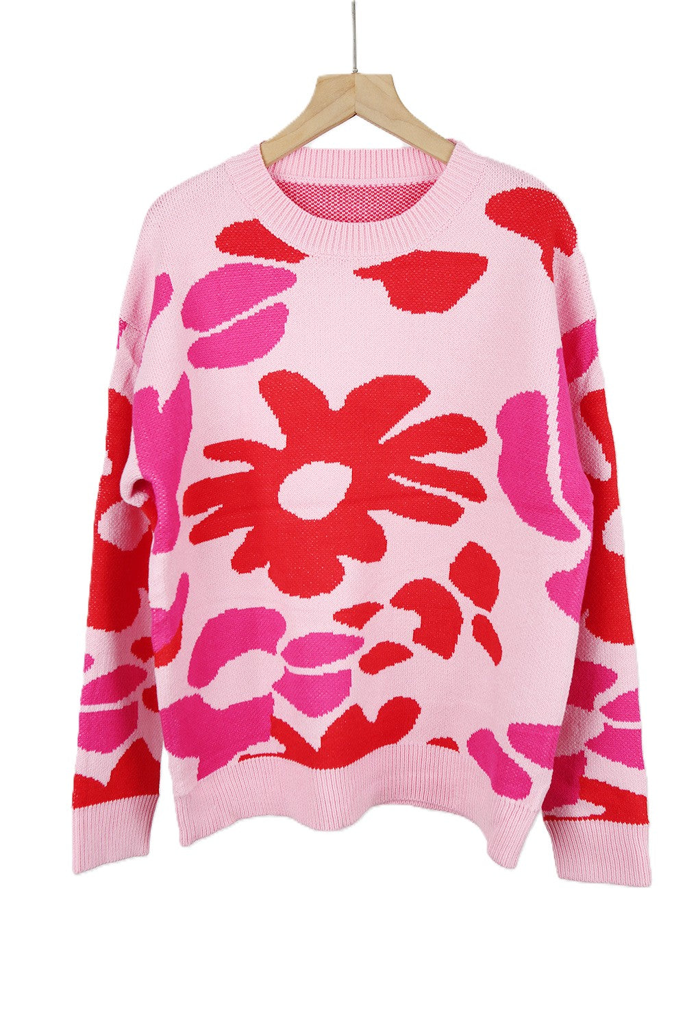 Abstract Flower Knit Sweater Crew Neck Pullover - Pink
