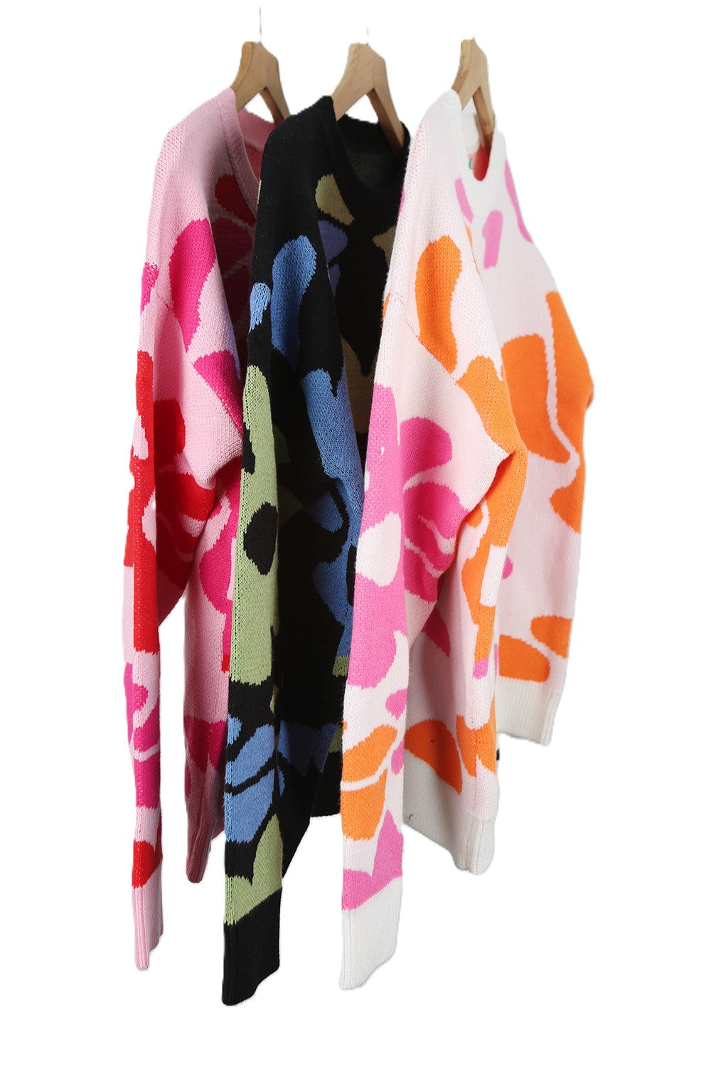 Abstract Flower Knit Sweater Crew Neck Pullover - Pink - 1