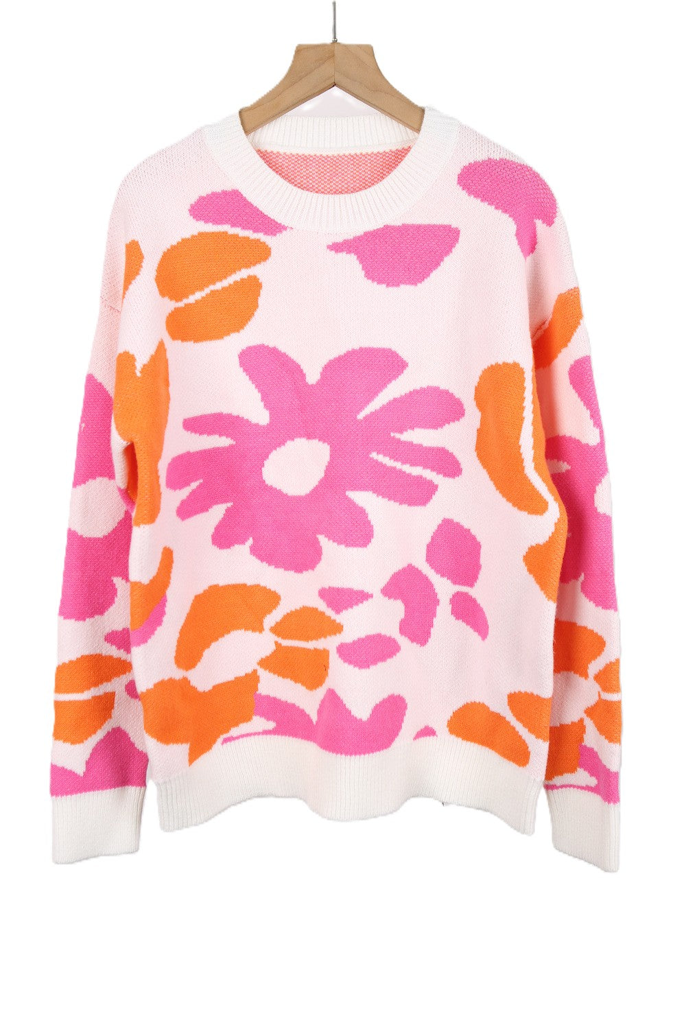 Abstract Flower Knit Sweater Crew Neck Pullover - White