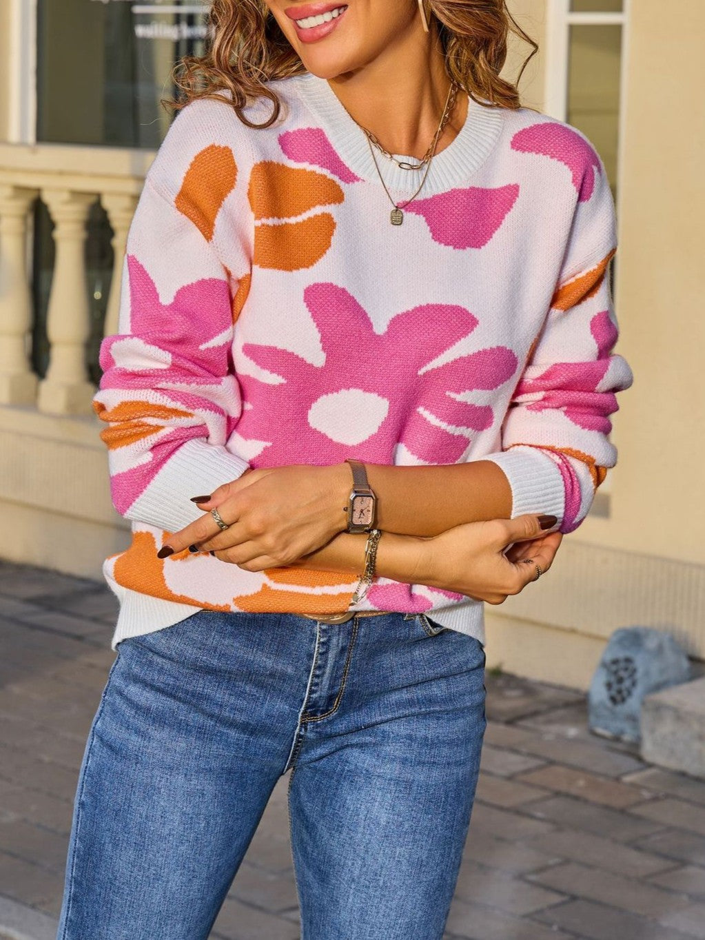 Abstract Flower Knit Sweater Crew Neck Pullover - White - 1