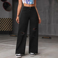Ripped Knee Wide Leg Baggy Denim Jeans - Black